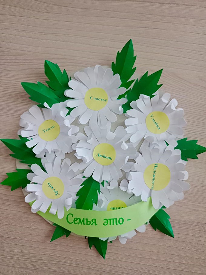 Бумажная аппликация цветов ромашки «Семья — это дружба, тепло, счастье, любовь, улыбка, надёжность»